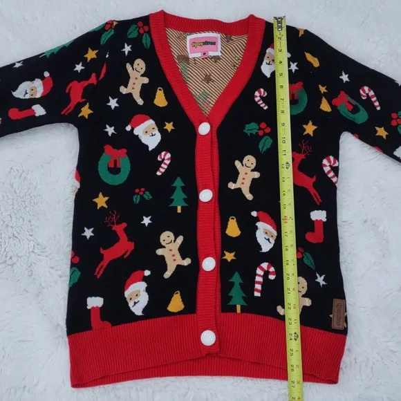 Tipsy Elves Black Cardigan with Red Trim and Festive Motifs - Picture 12 of 17